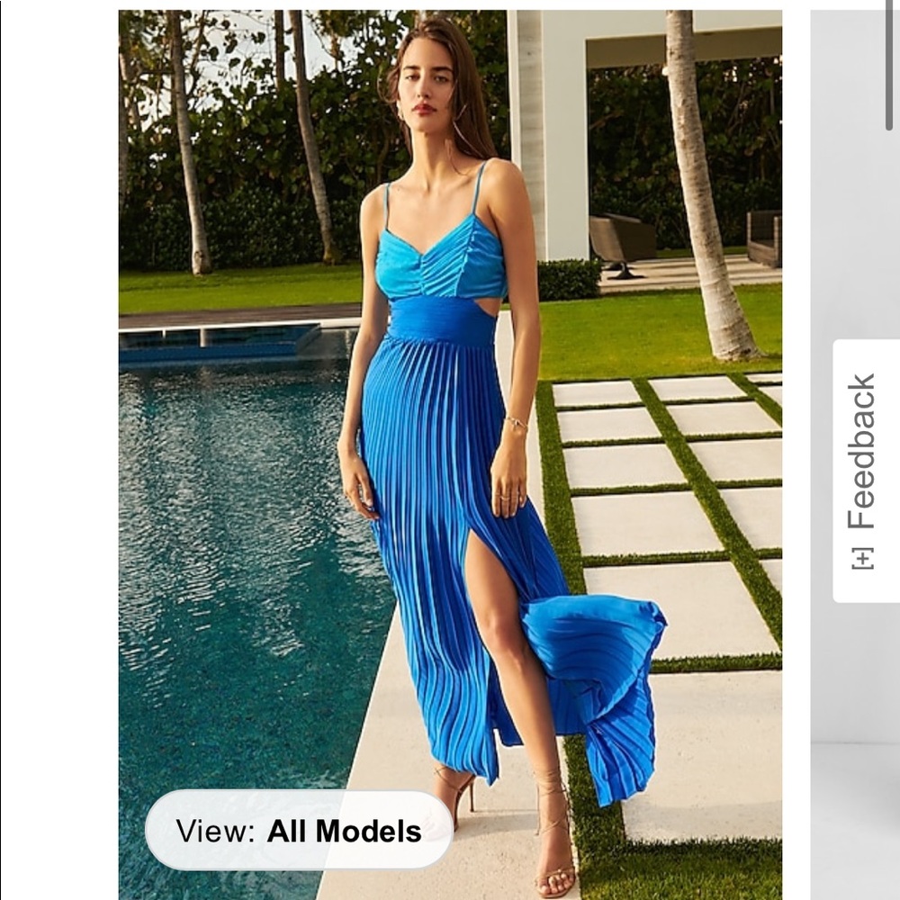 Pleated Color Block Side Cutout Maxi Dress (Blue)
